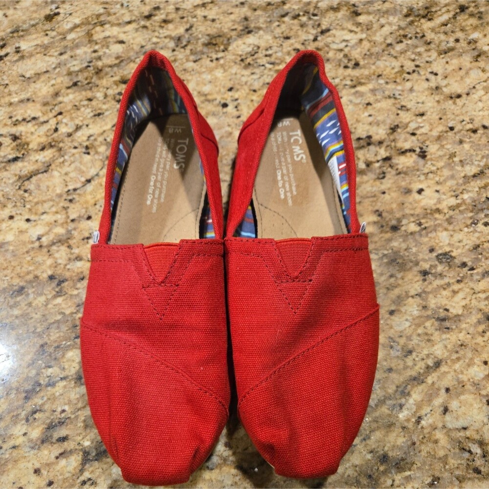 Tom’s Women Classic Flat Shoe Loafers Canvas Slip On Alpargata SZ 8 | RED